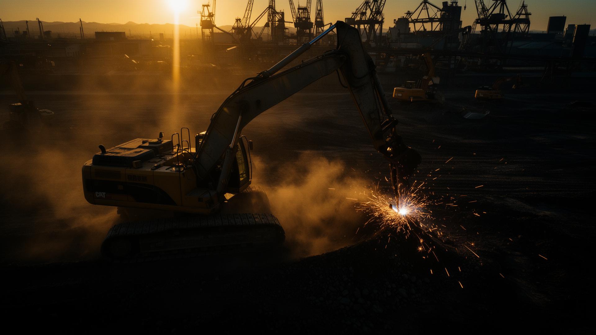 Heavy industrial construction equipment at golden hour